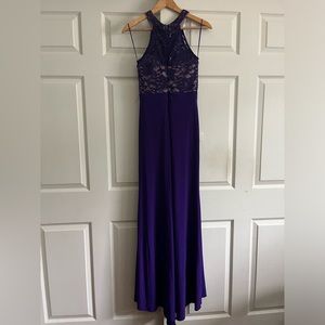 Purple, laced, floor length prom dress.